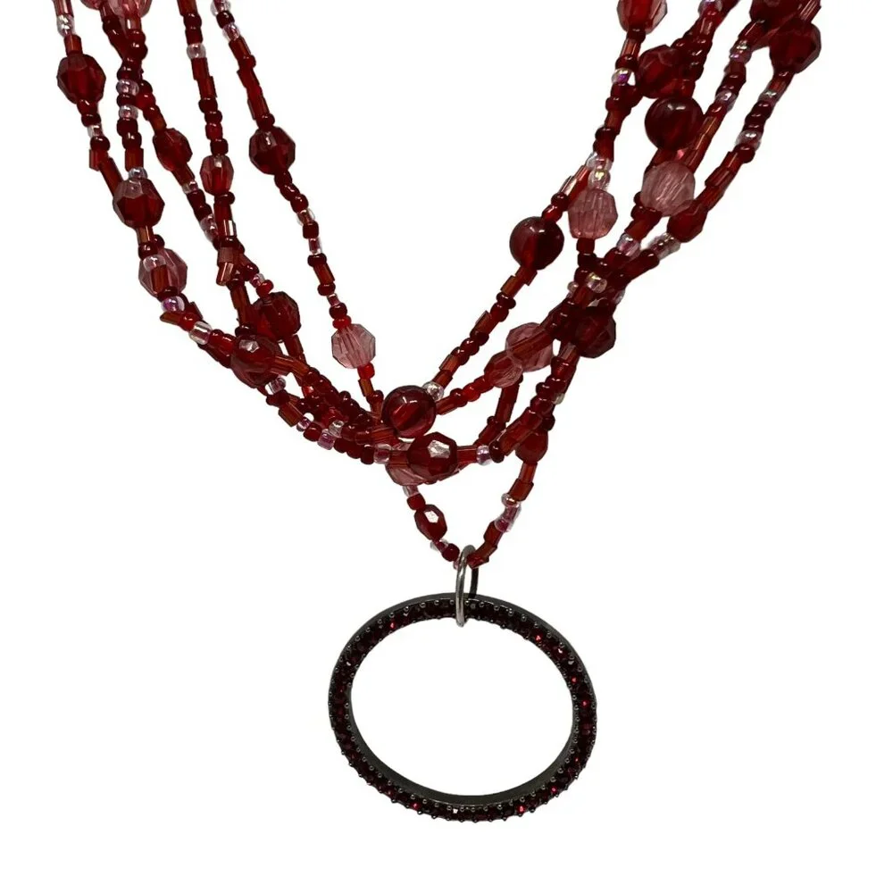NY Necklace Multi Strand Red Pink Beads with Red Round Rhinestone Pendant‎